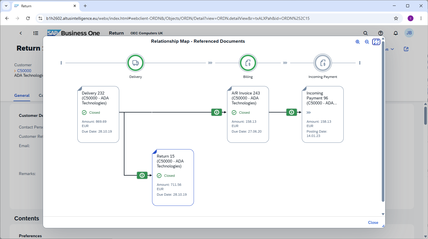 SAP Business One Traceability screen