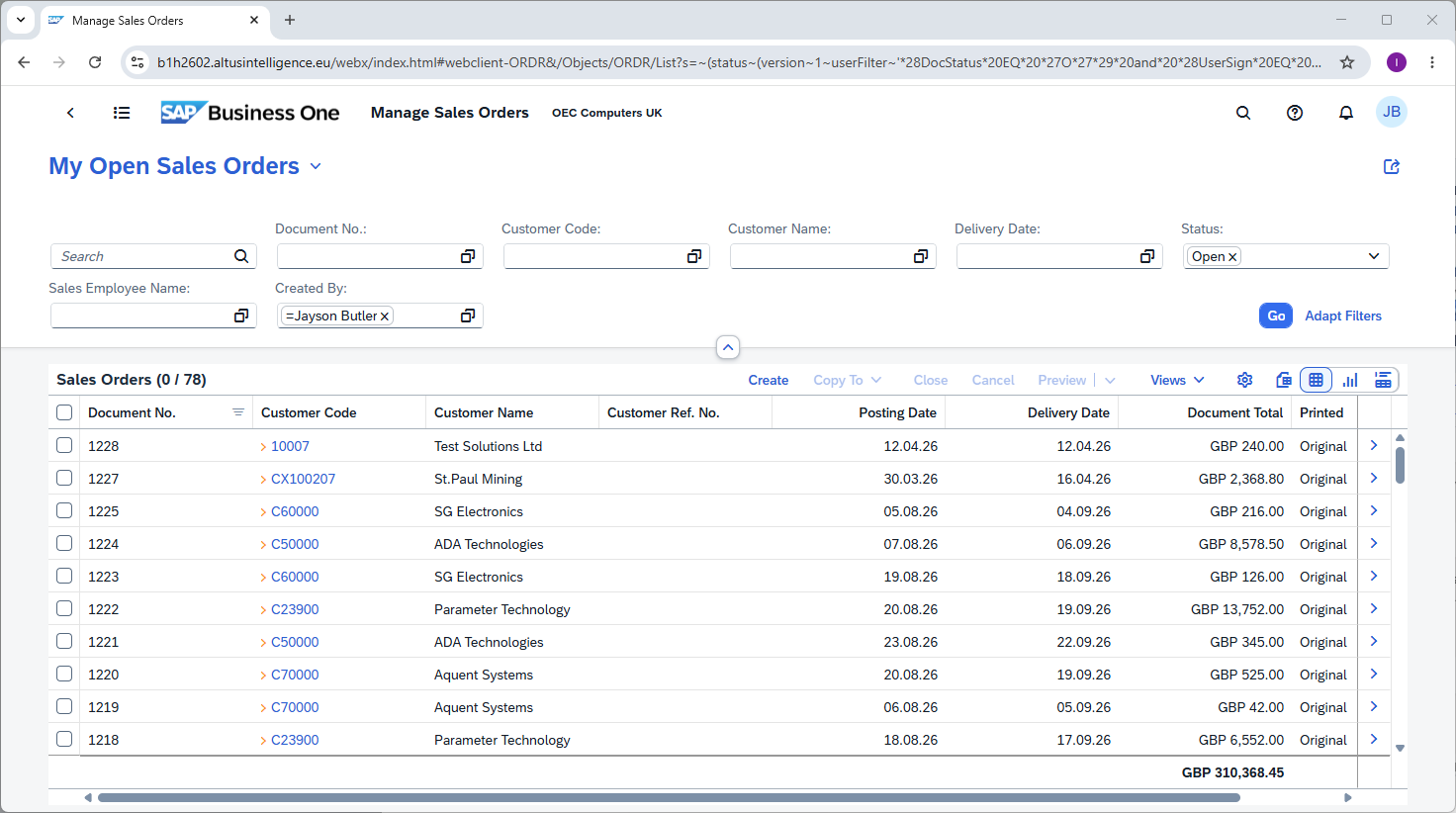 SAP Business One Sales Orders screen